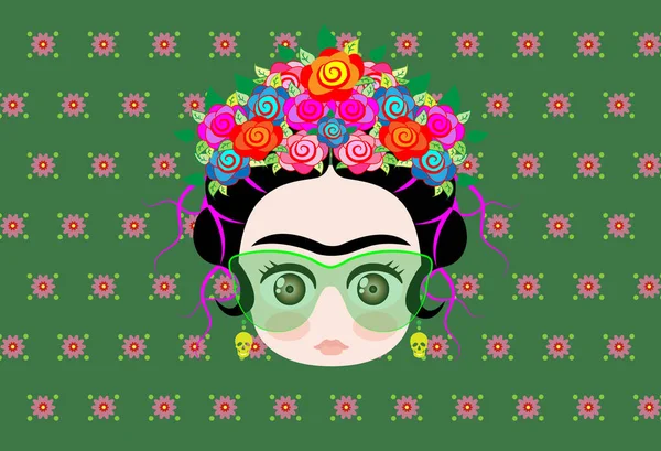 Emoji baby Frida Kahlo with crown of colorful flowers and glasses , vector isolated or green flowers background — Stock Vector