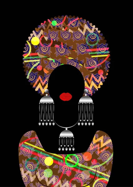 Retrato hermosa mujer africana en turbante tradicional, Kente cabeza envoltura africana, impresión dashiki tradicional, silueta vectorial de las mujeres negras con joyas tradicionales, vestido étnico — Vector de stock