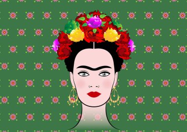 Frida Kahlo vektör portre, geleneksel bir saç modeli, Meksika el sanatları takı, genç güzel Meksika kadınla vektör izole veya yeşil çiçek arka plan 