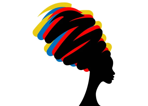 Portrait belle femme africaine dans turban traditionnel, noir afro femmes vecteur silhouette isolé, concept de coiffure — Image vectorielle