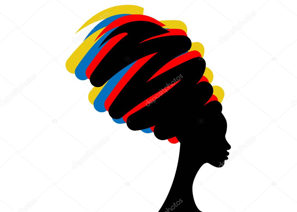 portrait beautiful African woman in traditional turban, black afro women vector silhouette isolated , hairstyle concept