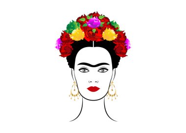 Frida Kahlo vektör portre, bir geleneksel saç modeli, Meksika el sanatları takı, izole vektör ile genç güzel bir Meksikalı kadın