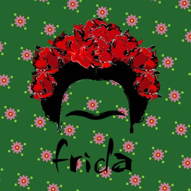 Frida Kahlo, vektör çizim portresi izole, portre modern Meksika veya İspanyolca kadın, çizim stili, arka planı yeşil çiçek 