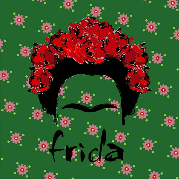 Retrato de Frida Kahlo, ilustração vetorial isolada, retrato de mulher mexicana ou espanhola moderna, estilo de desenho, fundo floral verde — Vetor de Stock