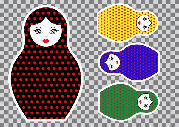Matryoshka set stickers icon Russian nesting doll with ornament colorful, vector illustration isolated , decorated polka dots — Stock Vector
