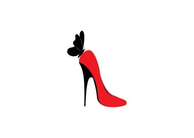 Logo Ayakkabı mağazası, alışveriş, moda koleksiyonu, butik label. Şirket logo tasarımı. Kırmızı yüksek topuk ayakkabı ile kelebek, vektör izole veya beyaz arka plan 