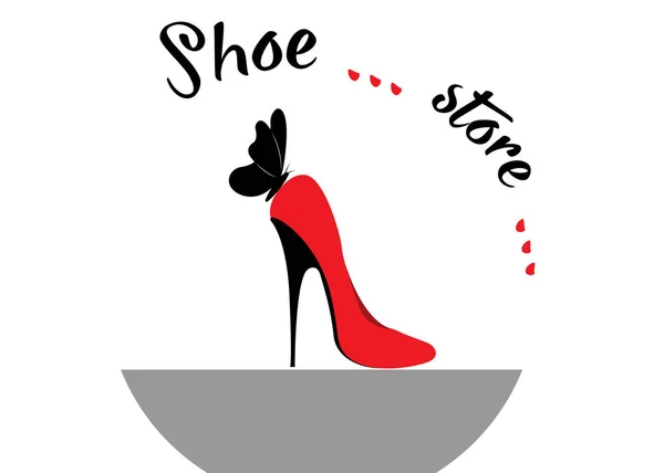 Logo magasin de chaussures, magasin, collection de mode, étiquette de boutique. Conception du logo de l'entreprise. Chaussures à talons hauts rouges avec papillon, vecteur isolé ou fond blanc — Image vectorielle