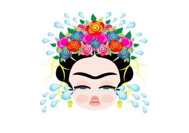 Emoji bebek Frida Kahlo cray tacı olan ve rengârenk çiçekler, Bebek kız ağlıyor, izole vektör için 