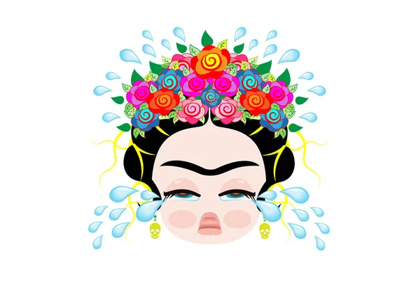 Emoji bebé Frida Kahlo a cray con corona y de flores de colores, niña llora, vector aislado — Vector de stock