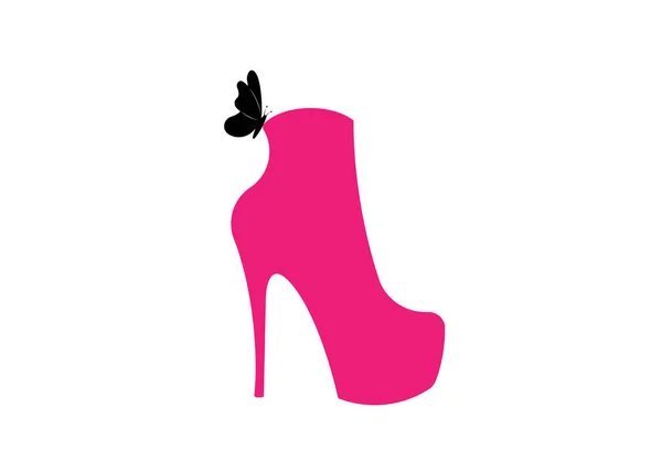 Botas rosa mulher em saltos altos, vista lateral, loja de sapatos Logo, loja, coleção de moda, etiqueta boutique. Projeto do logotipo da empresa. Sapatos com borboleta, vetor isolado —  Vetores de Stock