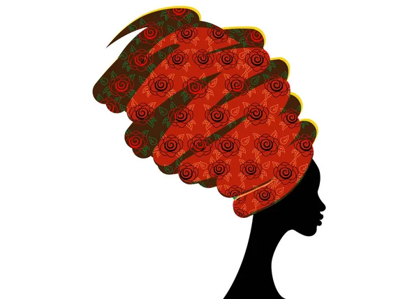 Портрет красивая африканская женщина в традиционном тюрбане, Кенте голова обернуть африканский, традиционная печать дашики, черные женщины векторный силуэт изолированы — стоковый вектор