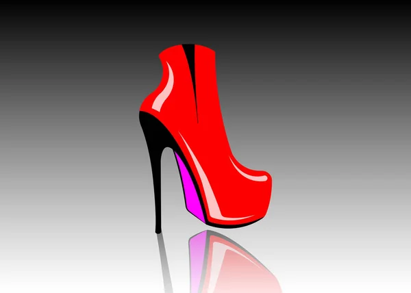 3D-Damenstiefel auf Stöckelschuhen, Seitenansicht, Logo-Schuhgeschäft, Geschäft, Modekollektion, Boutique-Label. Design des Firmenlogos. roter Schuh mit glänzend rotem Texturaufdruck, Vektor isoliert oder grauer Hintergrund — Stockvektor