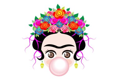 Taç ve renkli çiçekler, sakız kabarcığı ile bebek kız, vektör izole ile Emoji bebek Frida Kahlo 