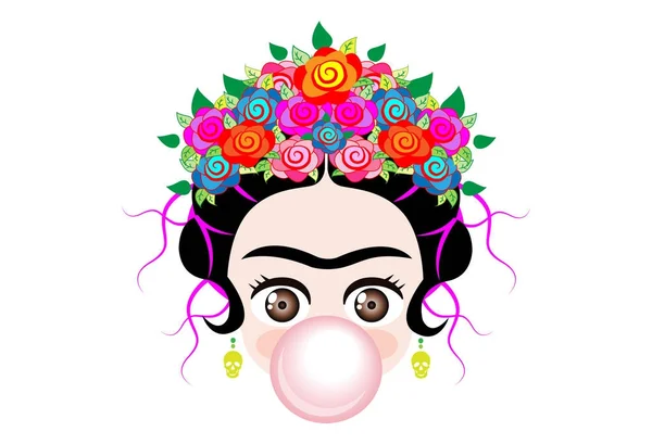 Emoji bebê Frida Kahlo com coroa e de flores coloridas, menina com bolha de goma, vetor isolado — Vetor de Stock