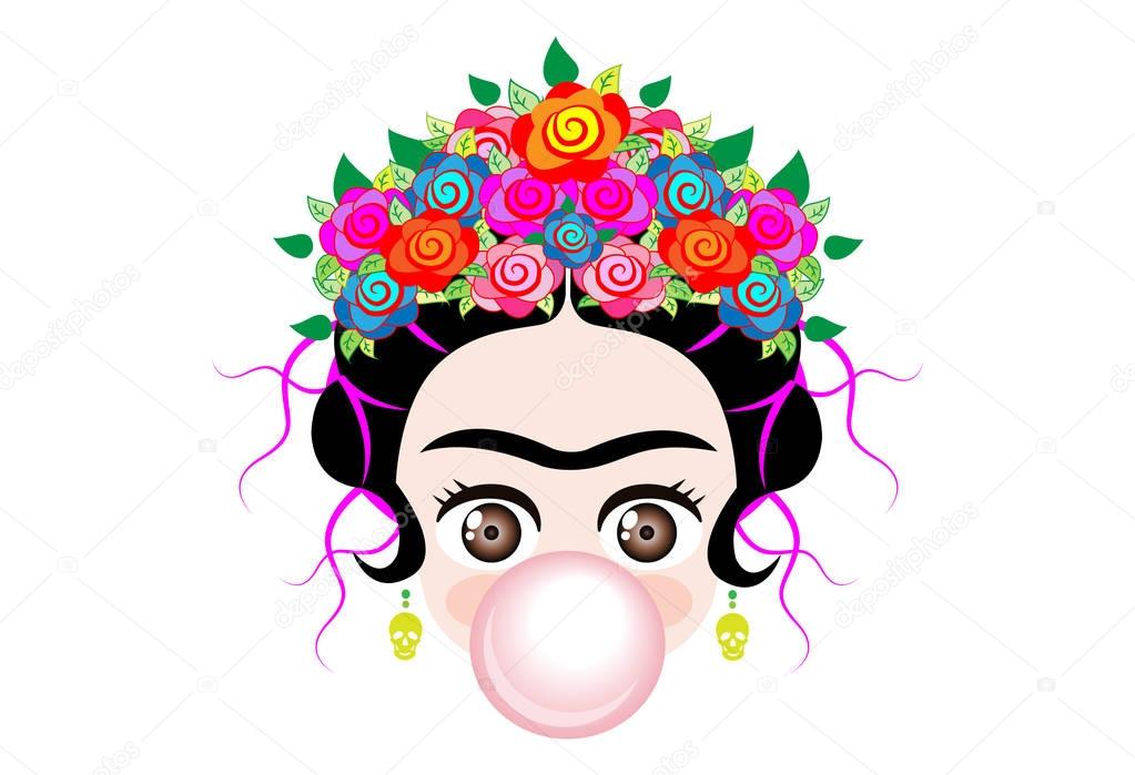 Download Emoji baby Frida Kahlo with crown and of colorful flowers ...