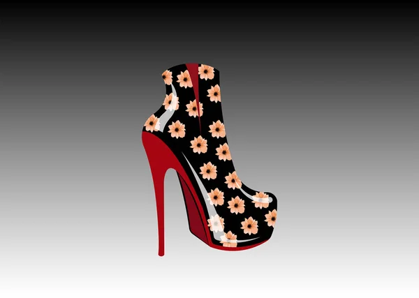 3D-vrouw floral laarzen op hoge hakken, zijaanzicht, Logo schoenenwinkel, shop, collectie boutique modelabel. Bedrijf logo ontwerp. Lederen schoen met bloemen textuur afdrukken, vector geïsoleerd, grijze achtergrond — Stockvector