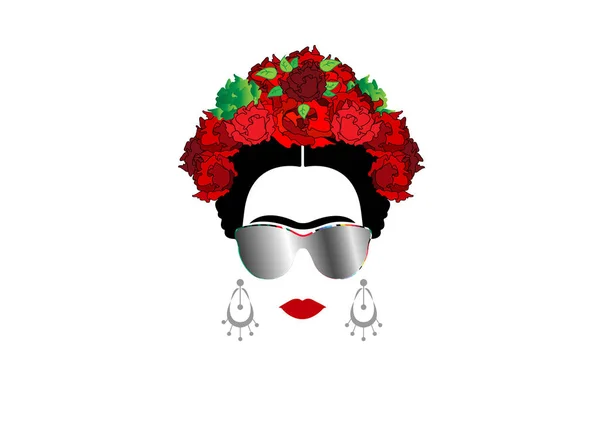 Portrait vectoriel Frida Kahlo avec lunettes de soleil, fond isolé ou blanc — Image vectorielle
