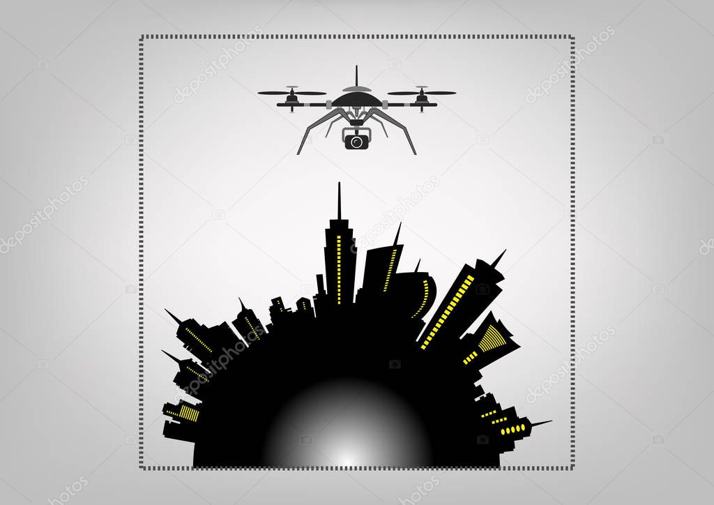 drone flying, technology service icon , whit camera in the skyline city. vector illustration isolated or grey background