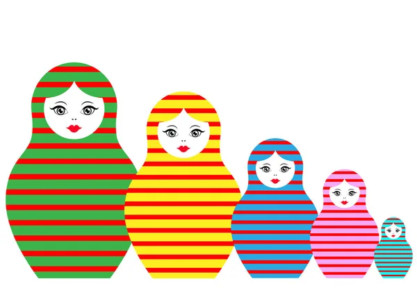 マトリョーシカ アイコンの設定ロシアの入れ子人形ストライプ色と飾り、ベクトル図、分離または白の背景 — ストックベクタ