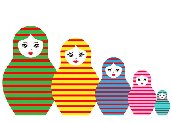 Matryoshka pictogram instellen Russische broedende pop met gekleurde gestreepte ornament, vectorillustratie, geïsoleerd of witte achtergrond — Stockvector