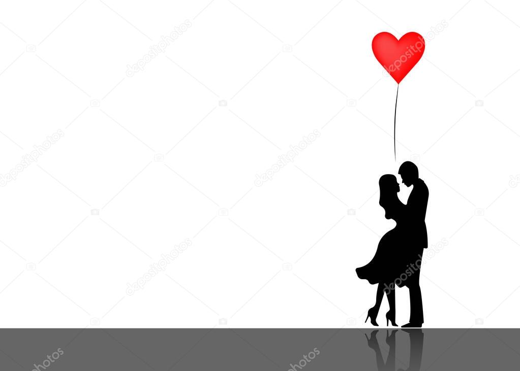 Romantic silhouette of loving couple. Valentines Day 14 February. Happy Lovers. Vector illustration isolated or white background 