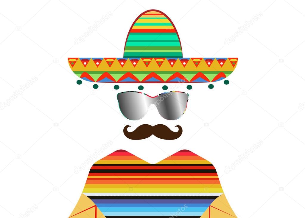 portrait of Mexican man in sombrero and poncho with sun glasses, sketch vector illustration isolated. Colorful drawing of Mexican man in traditional clothes and mustache icon template