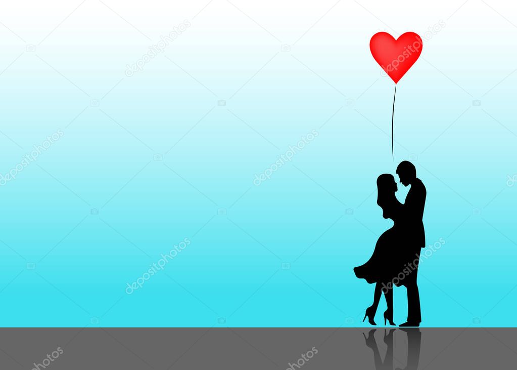Romantic silhouette of loving couple. Valentines Day 14 February. Happy Lovers. Vector illustration isolated or heavenly background