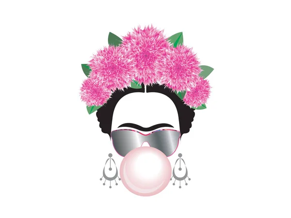 Frida Kahlo vector portrait with gum bubble and sun glasses, isolated — Stock Vector