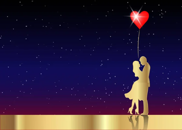 Romantiska guld silhuetten av älskande par. Alla hjärtans dag 14 februari. Lycklig älskare. Vektor illustration isolerade eller stjärnklara universum bakgrund — Stock vektor