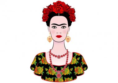 Frida Kahlo vektör portre, Meksika etnik takı ile grafik yorumlama