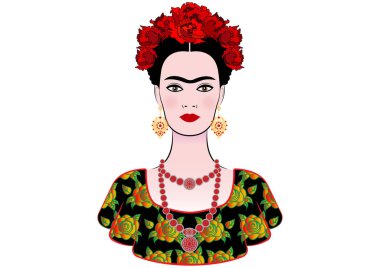 Frida Kahlo vector portrait, graphic interpretation, with Mexican ethnic jewellery clipart