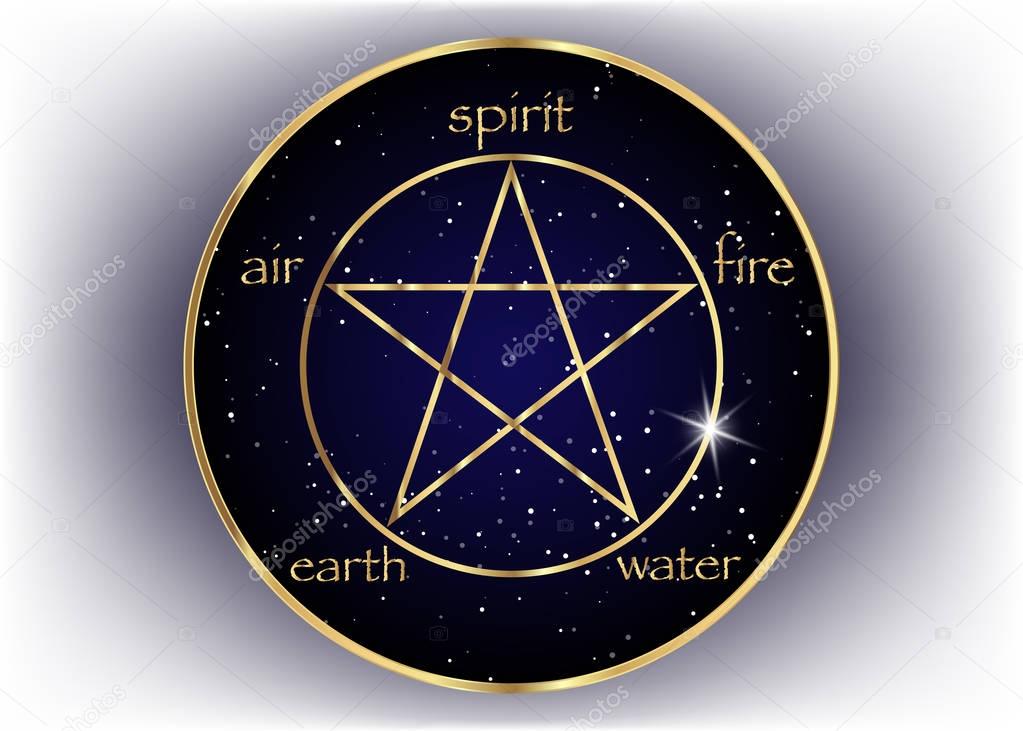 Gold Pentagram icon with five elements : Spirit , Air , Earth , Fire and Water. Golden Symbol of alchemy and sacred geometry. Emblem in galaxy background. Vector isolated 