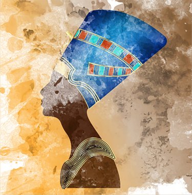 Mısır eski açık havada simgesi. Kraliçe Nefertiti. Portre profil, duvar boyama stil vektör