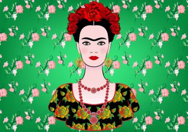 Frida Kahlo vektör portre, bir geleneksel saç modeli, Meksika el sanatları takı ve elbise genç güzel Meksikalı kadın vektör izole veya yeşil çiçek arka plan 