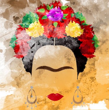 Frida Kahlo vector portrait, watercolor style , hand drawing on the wall clipart