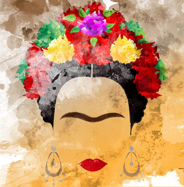 Frida Kahlo vector retrato, estilo acuarela, dibujo a mano en la pared — Vector de stock