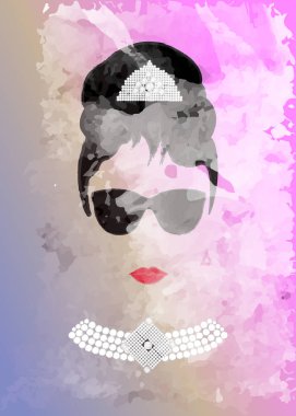 Audrey Hepburn, siyah gözlük, vektör portre, suluboya tarzı ile