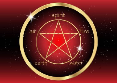 Beş Element ile altın Pentagram simgesi: ruh, hava, toprak, ateş ve su. Simya ve kutsal geometri altın sembolü. Vektör amblemi kırmızı gökada arka planda