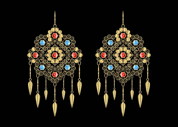 Boucles d'oreilles en filigrane doré avec pierres précieuses, icônes bijoux pour boutique et magasin de mode, vecteur isolé ou fond noir — Image vectorielle