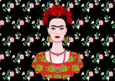 Frida Kahlo vektör portre, bir geleneksel saç modeli, Meksika el sanatları takı ve elbise genç güzel Meksikalı kadın vektör izole veya siyah çiçek arka plan 