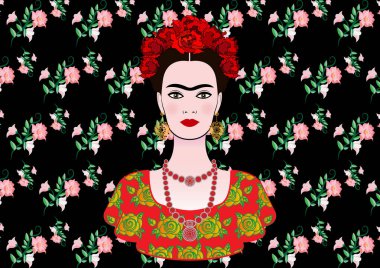 Frida Kahlo vector portrait , young beautiful mexican woman with a traditional hairstyle,  Mexican crafts jewelry and dress, vector isolated or black floral background  clipart