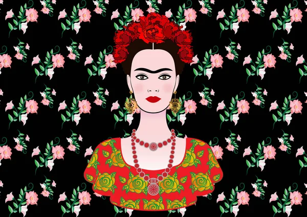 Frida Kahlo vector retrato, joven hermosa mujer mexicana con un peinado tradicional, artesanía mexicana joyería y vestido, vector aislado o negro fondo floral — Vector de stock