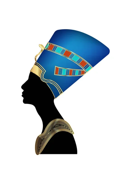Egyptiska siluett ikonen. Drottning Nefertiti. Vector porträtt profil med dyrbara juveler, isolerad på vit bakgrund. — Stock vektor