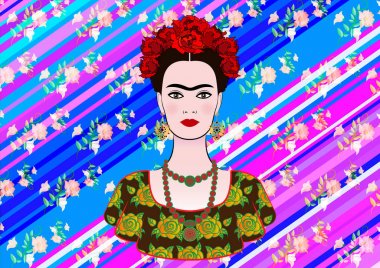 Frida Kahlo vektör portre, bir geleneksel saç modeli, Meksika el sanatları takı ve elbise genç güzel Meksikalı kadın vektör izole veya siyah çiçek arka plan 