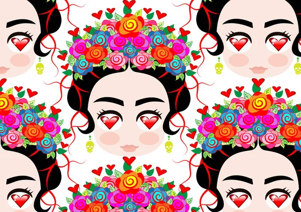 Emoji bebé mujer mexicana con corona de flores de colores, típico peinado mexicano, niña con los ojos en el corazón, fondo dibujo animado vector retrato — Vector de stock