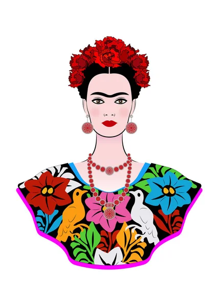 Frida Kahlo retrato vetorial, jovem bela mulher mexicana com um penteado tradicional, artesanato mexicano jóias e vestido, vetor isolado — Vetor de Stock