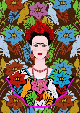 Frida Kahlo vektör portre, bir geleneksel saç modeli, Meksika el sanatları takı ve elbise genç güzel Meksikalı kadın vektör izole veya çiçek arka plan 