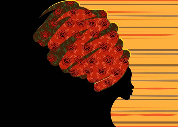 Portré gyönyörű afrikai nő hagyományos turbán, Kente fej csomagolás afrikai, hagyományos dashiki nyomtatás, fekete afro női vektor sziluett elszigetelt hagyományos batik, etnikai háttér — Stock Vector