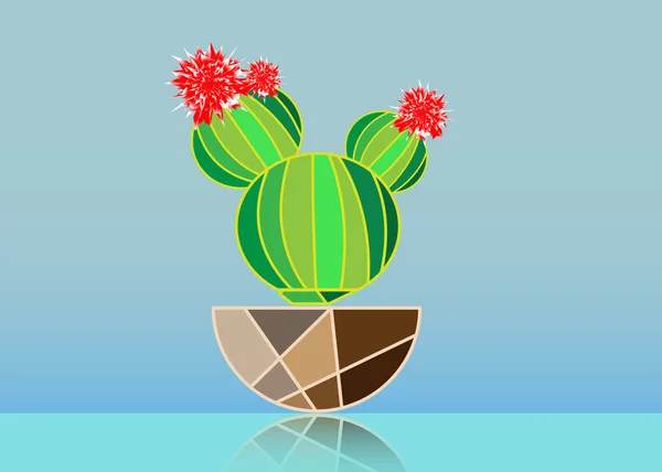 Простая плоская иконка вектора кактуса. Зеленый цветущий кактус с красными цветами пиктограмма изолированы на синем фоне — стоковый вектор