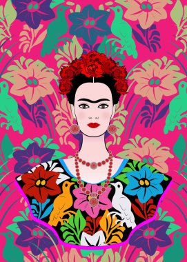 Frida Kahlo vektör portre, bir geleneksel saç modeli, Meksika el sanatları takı ve elbise genç güzel Meksikalı kadın vektör izole veya çiçek arka plan 